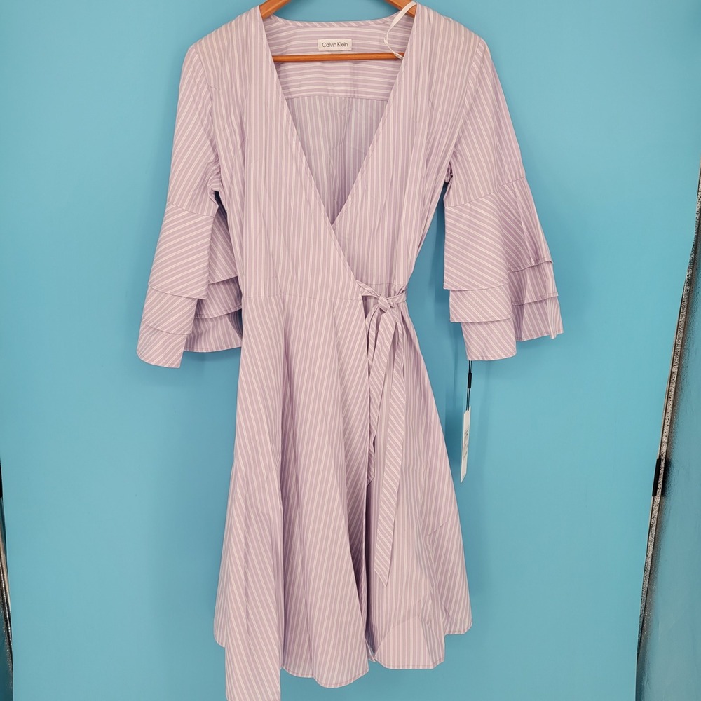 New Calvin Klein Striped Wrap Dress Womens 6 Lilac Purple Ruffle Bell Sleeve NWT